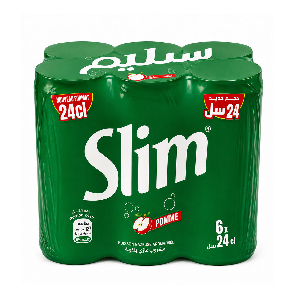 Slim Pomme six-pack of 24cl cans in dark green shrink wrap with a red apple graphic