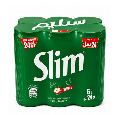 Slim Pomme six-pack of 24cl cans in dark green shrink wrap with a red apple graphic