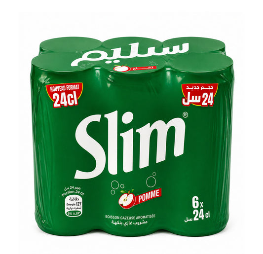 Slim Pomme six-pack of 24cl cans in dark green shrink wrap with a red apple graphic
