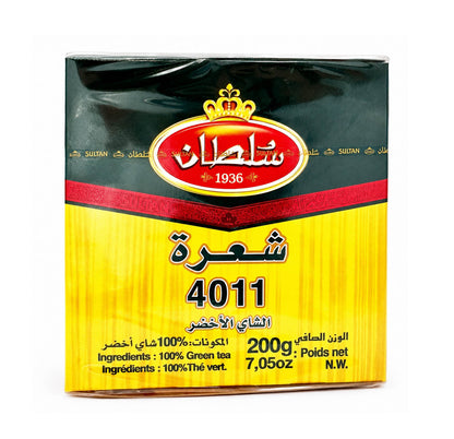 Sultan Chaara 4011 green tea box side panel showing Jahd intensity rating
