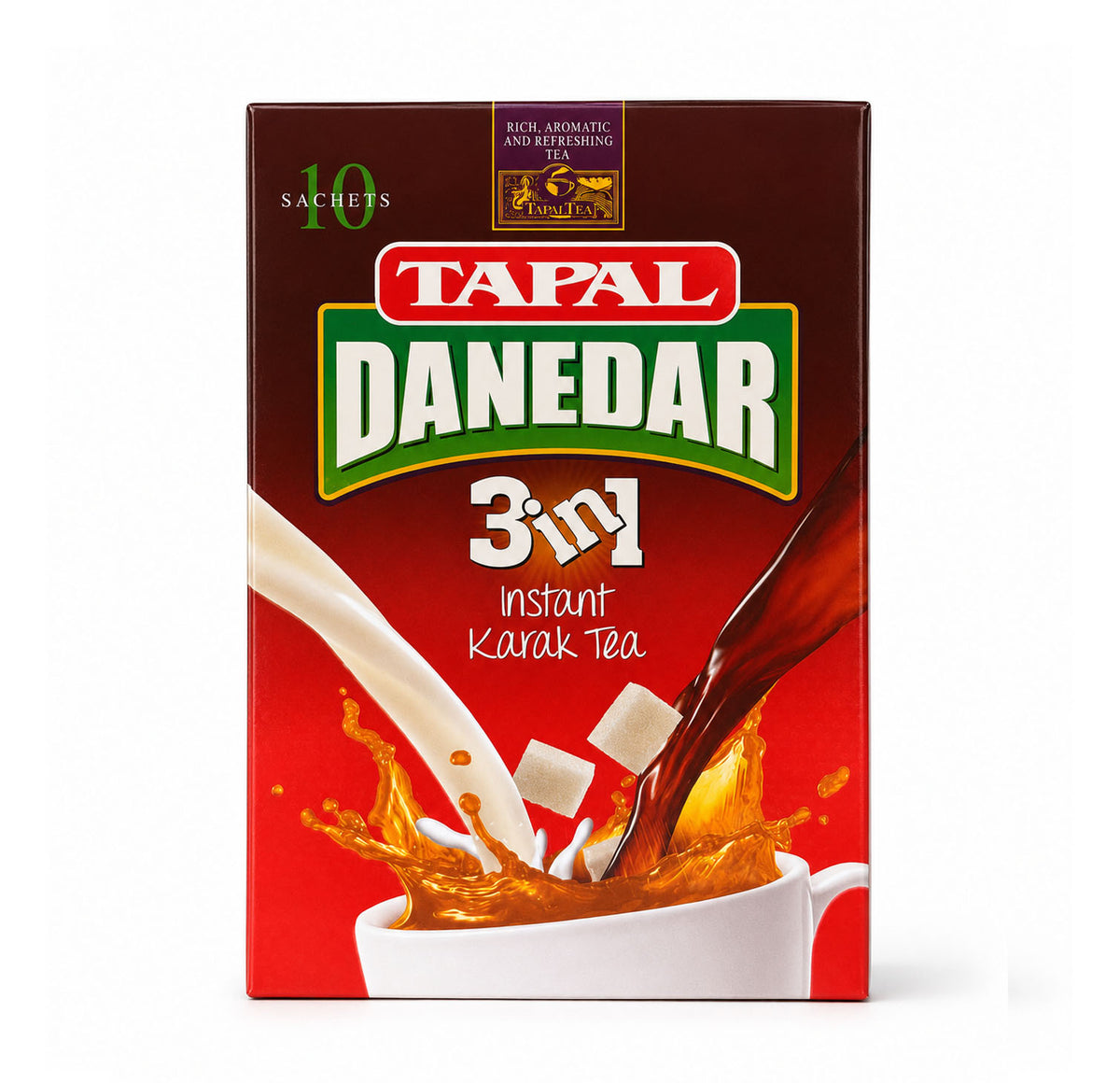 Tapal Danedar 3in1 Instant Karak Tea box, red and brown packaging with a splash of tea, milk and sugar cubes