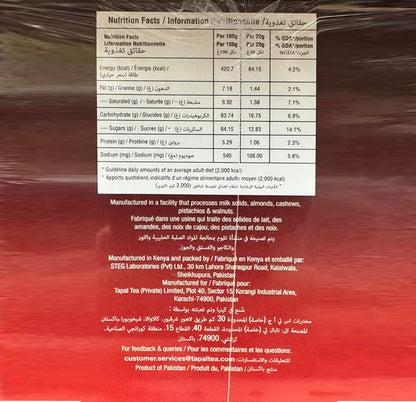 Nutrition information table on the back of the Tapal Danedar 3in1 pack with per 100g and per 20g columns