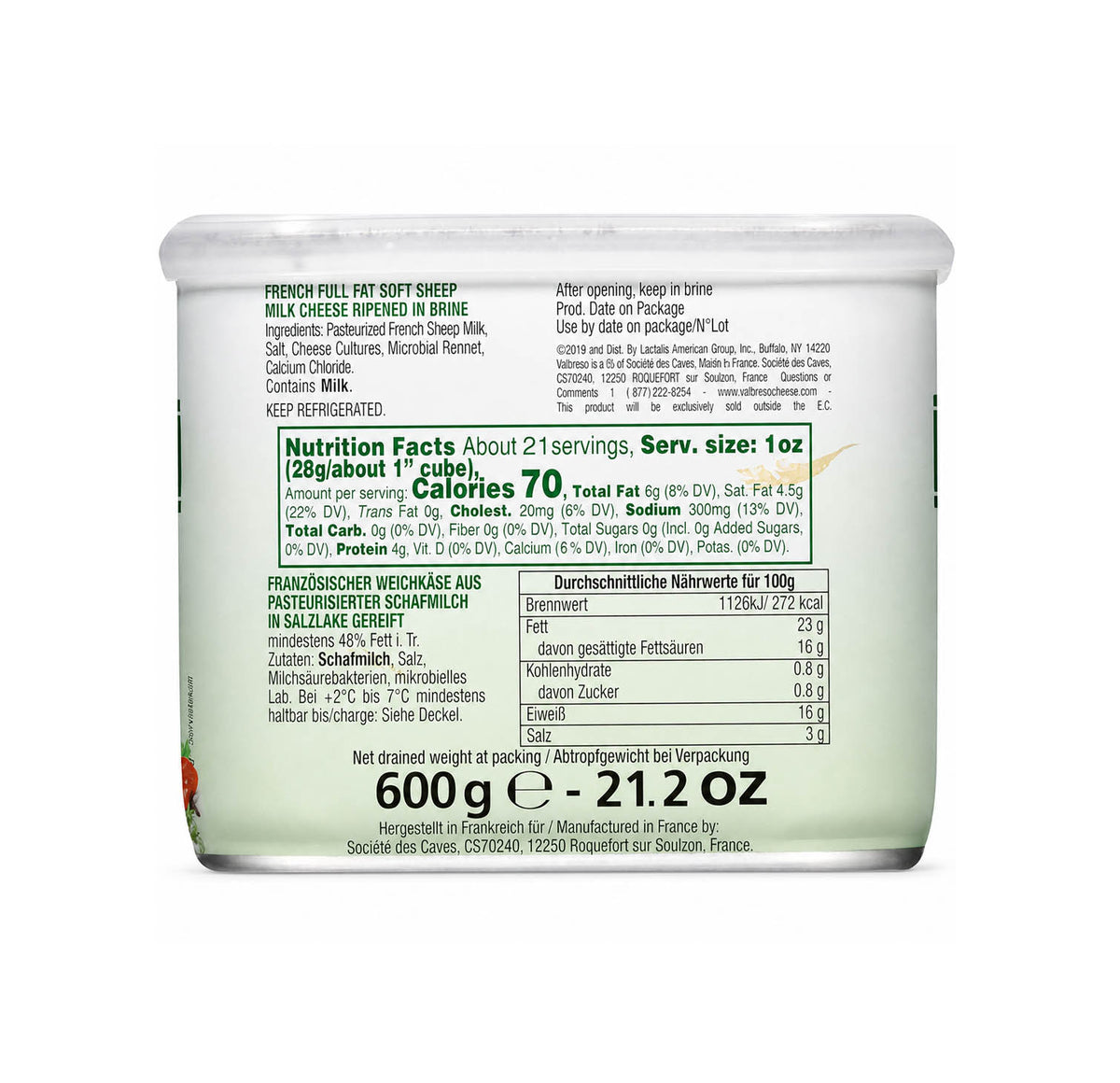 Valbreso French Sheep's Milk Cheese 600g ingredients and nutrition facts panel