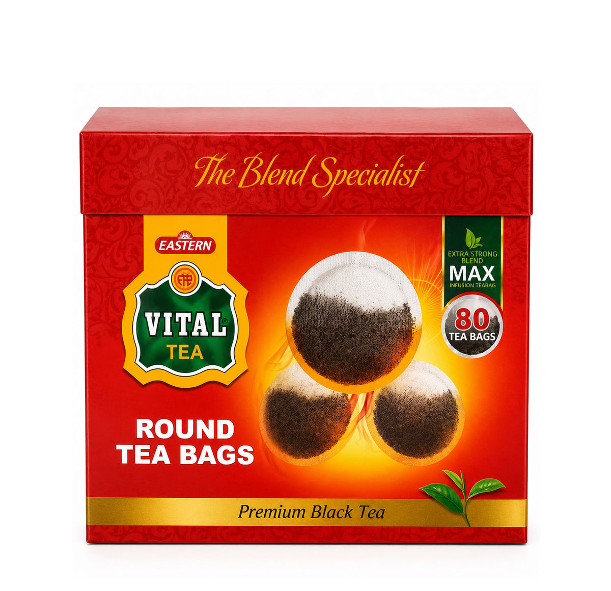 Vital Tea Round Tea Bags box, red packaging with three round tea bags and an 80 tea bags badge
