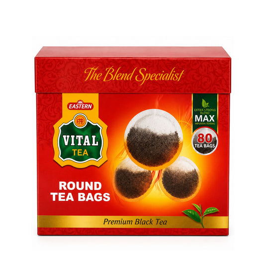 Vital Tea Round Tea Bags box, red packaging with three round tea bags and an 80 tea bags badge