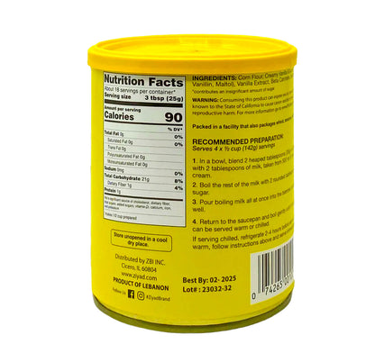 Ziyad custard Nutrition Facts panel: about 18 servings per container, serving size 3 tbsp (25 g), 90 calories, 0 g total fat, 0 mg sodium, 21 g total carbohydrate, 1 g dietary fibre, 1 g protein