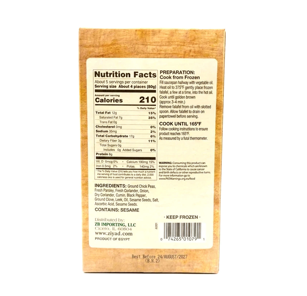 Nutrition facts and ingredients panel for Ziyad Falafel with Sesame