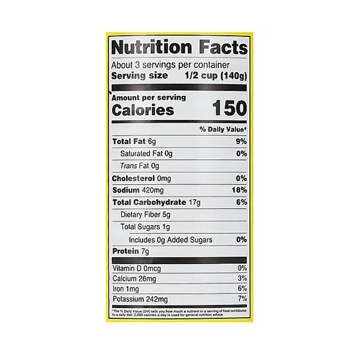 Ziyad Foule Mudammas Nutrition Facts panel: about 3 servings per container, serving size 1/2 cup (140 g), 150 calories, 6 g total fat, 0 g saturated fat, 0 mg cholesterol, 420 mg sodium, 17 g total carbohydrate, 5 g dietary fibre, 1 g total sugars with 0 g added, 7 g protein