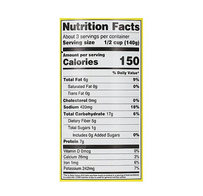 Ziyad Foule Mudammas Nutrition Facts panel: about 3 servings per container, serving size 1/2 cup (140 g), 150 calories, 6 g total fat, 0 g saturated fat, 0 mg cholesterol, 420 mg sodium, 17 g total carbohydrate, 5 g dietary fibre, 1 g total sugars with 0 g added, 7 g protein