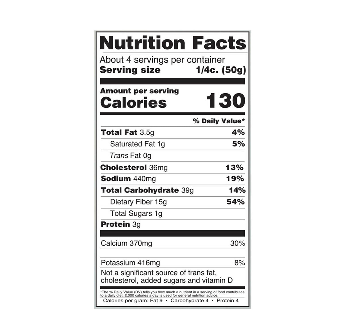 Ziyad Meghli Nutrition Facts panel as printed by the maker: about 4 servings per container, serving size 1/4 cup (50 g), 130 calories, 3.5 g total fat, 1 g saturated fat, 0 g trans fat, 36 mg cholesterol, 440 mg sodium, 39 g total carbohydrate, 15 g dietary fibre, 1 g total sugars, 3 g protein, 370 mg calcium, 416 mg potassium