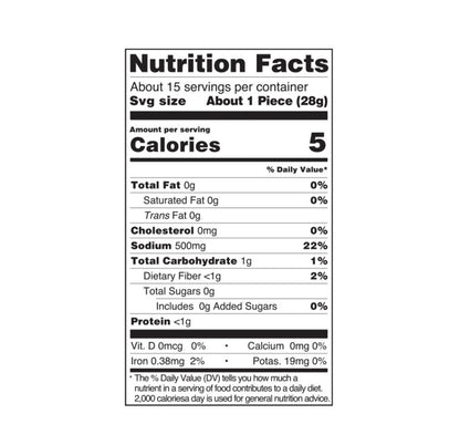 Ziyad Mikta Nutrition Facts panel: about 15 servings per container, serving size about 1 piece (28 g), 5 calories, 0 g fat, 0 mg cholesterol, 500 mg sodium, 1 g total carbohydrate, less than 1 g fibre, 0 g sugars, less than 1 g protein