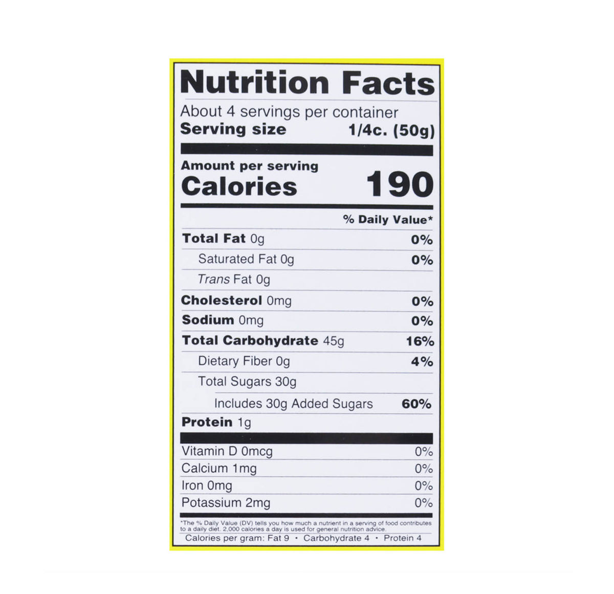 Ziyad Mohalabia Nutrition Facts panel for the dry mix: about 4 servings per container, serving size 1/4 cup (50 g), 190 calories, 0 g fat, 0 mg sodium, 45 g total carbohydrate, 0 g fibre, 30 g total sugars all added, 1 g protein